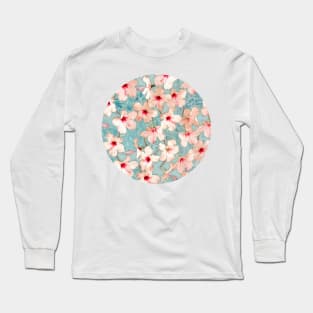 Shabby Chic Hibiscus Patchwork Pattern in Pink & Blue Long Sleeve T-Shirt